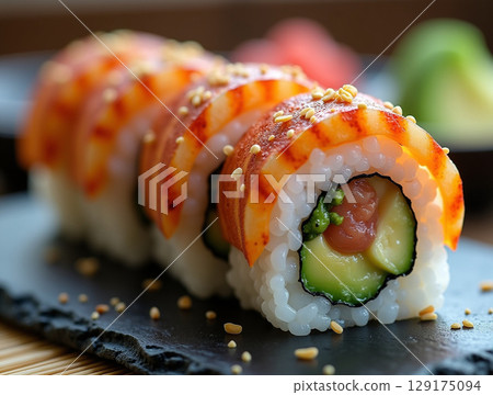 Closeup of Gourmet Dragon Roll with Shrimp and Avocado 129175094