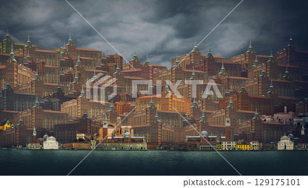 Collage with city buildings and the sea in the foreground 129175101