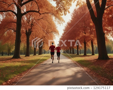 一男一女沿著綠樹成蔭、落葉密佈的小路慢跑 一男一女沿著綠樹成蔭、落葉密佈的小路慢跑 129175117