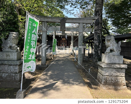 這是位於埼玉縣狹山市的入間野神社的鳥居和兩側的守護獅子雕像。 這是位於埼玉縣狹山市的入間野神社的鳥居和兩側的守護獅子雕像。 129175204