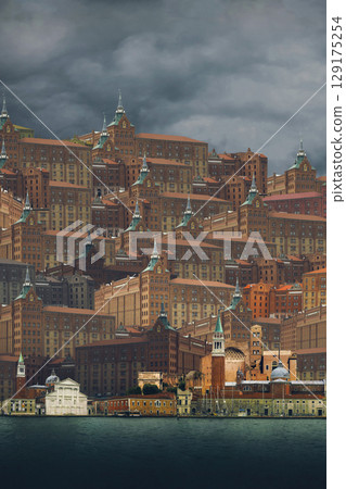 Collage with city buildings and the sea in the foreground, fragment Collage with city buildings and the sea in the foreground, fragment 129175254