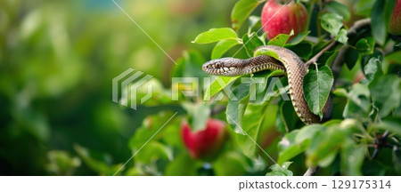 Snake on an Apple Tree in a Summer Garden 129175314