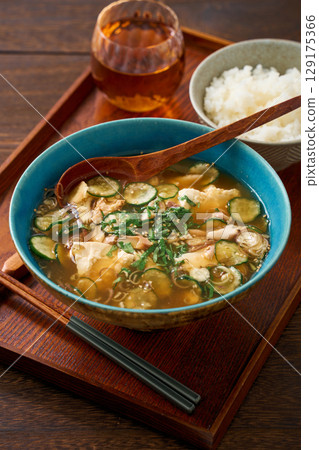 Japanese summer meal of chilled miso soup and rice | Miyazaki Prefecture's local cuisine Japanese summer meal of chilled miso soup and rice | Miyazaki Prefecture's local cuisine 129175366