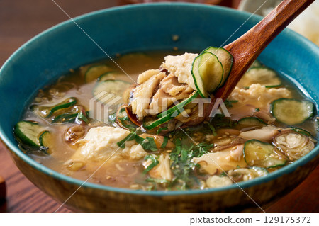 Japanese summer meal of chilled miso soup and rice | Miyazaki Prefecture's local cuisine Japanese summer meal of chilled miso soup and rice | Miyazaki Prefecture's local cuisine 129175372