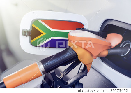 South Africa on the lid of the gas tank of a car at a gas station in close-up. High or low prices for gasoline and diesel fuel at South African gas stations. fuel shortage for cars in South Africa 129175452