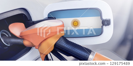 The flag of Argentina on the hatch of the gas tank of the car at the gas station. Refueling pump for Gasoline and diesel fuel in Argentina. High prices for diesel fuel, gasoline and gas at gas 129175489