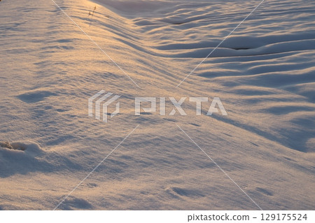 Snowfield lit by the setting sun 129175524