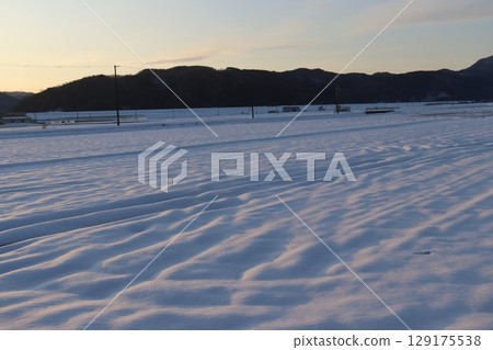 Snowfield lit by the setting sun Snowfield lit by the setting sun 129175538