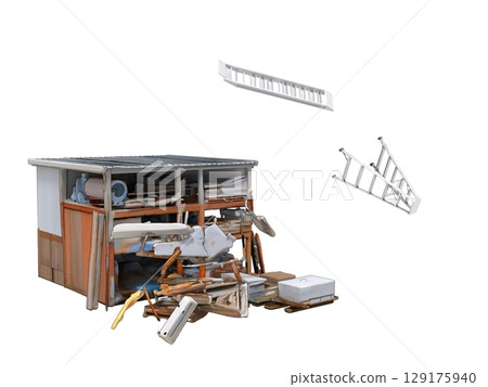 A dangerous material storage area at a construction site where materials and tools were blown away due to poor protection and securing from the typhoon. 129175940