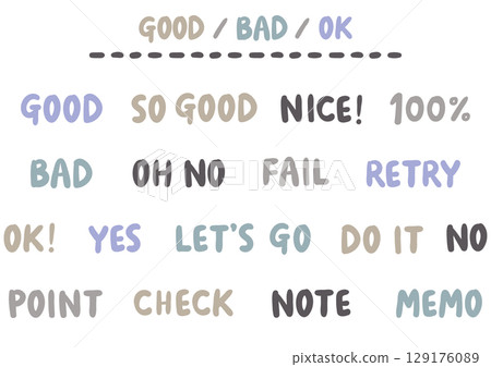 Handwritten English phrase set including OK, YES, NO, etc., soft type | Dark colors Handwritten English phrase set including OK, YES, NO, etc., soft type | Dark colors 129176089