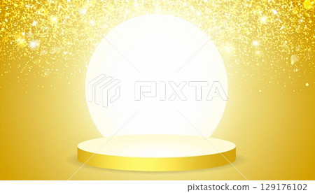夢幻般的背景插圖，金色舞台被聚光燈和閃光包圍 129176102
