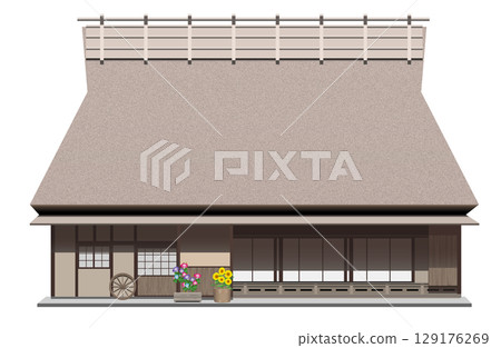 Illustration of an old house with a thatched roof Illustration of an old house with a thatched roof 129176269