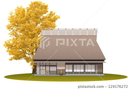 有茅草屋頂的老房子的插圖 有茅草屋頂的老房子的插圖 129176272