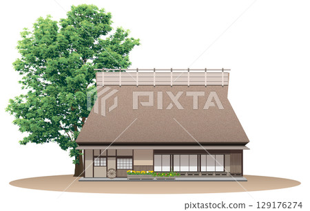 有茅草屋頂的老房子的插圖 129176274