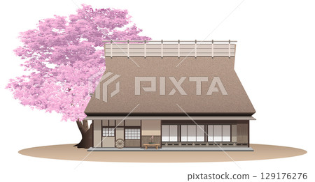 Illustration of an old house with a thatched roof 129176276