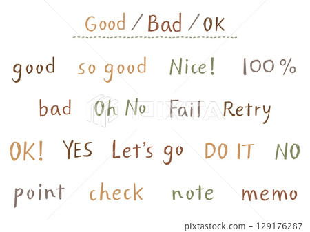 手寫英文短語集,包括OK,YES,NO等。自然觸感|咖啡館風格的色彩 手寫英文短語集,包括OK,YES,NO等。自然觸感|咖啡館風格的色彩 129176287