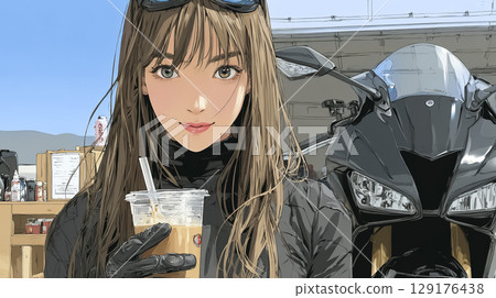 A smiling female rider with an iced coffee in hand at the Riders Cafe 129176438