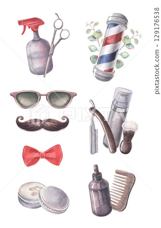 Spray bottle, scissors, barber pole, razor, foam, oil, wax, comb, sunglasses, handlebar mustache, bow tie. Hand-painted watercolor barbershop poster isolated on white for decor, printing, designs Spray bottle, scissors, barber pole, razor, foam, oil, wax, comb, sunglasses, handlebar mustache, bow tie. Hand-painted watercolor barbershop poster isolated on white for decor, printing, designs 129176538