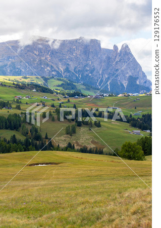 Alpe di Siusi, Italy aerial panorama, Dolomites Alpe di Siusi, Italy aerial panorama, Dolomites 129176552
