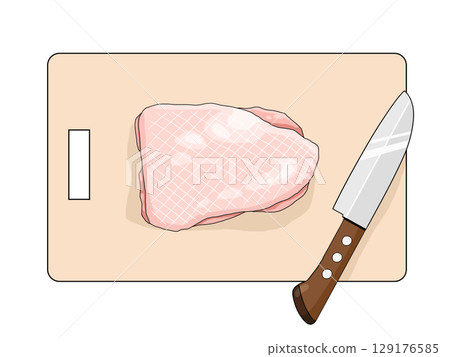 生雞腿（皮朝上）、刀子和切菜板的插圖 129176585