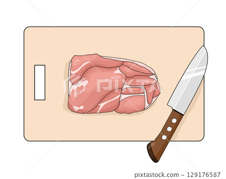 生雞腿(皮朝下)、刀子和切菜板的插圖 生雞腿(皮朝下)、刀子和切菜板的插圖 129176587
