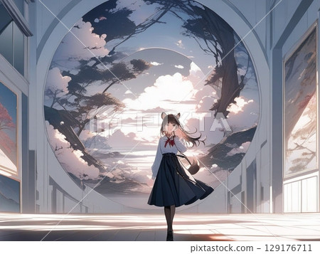 一個女孩在行走，身後是黑白的天空和樹木 129176711