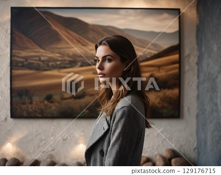 一位年輕女子站在牆上的自然照片前 129176715