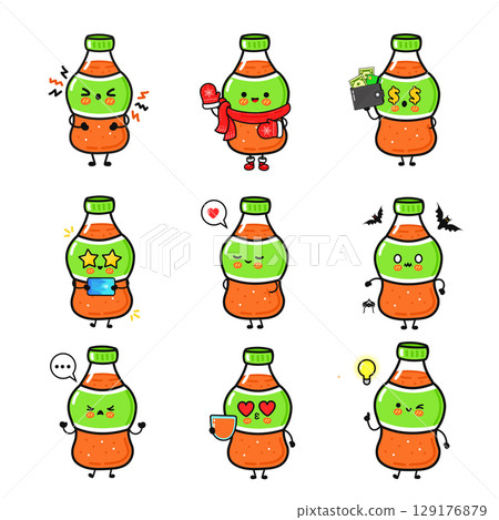 Adorable cartoon soda bottles with various emotions, perfect for fun designs and illustrations. Adorable cartoon soda bottles with various emotions, perfect for fun designs and illustrations. 129176879