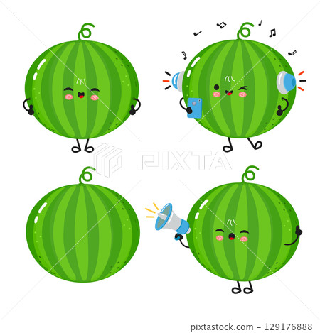 Adorable cartoon watermelons enjoying music and communication on a white background. 129176888