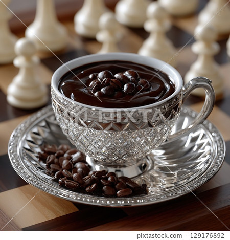 A stylish cup of coffee with coffee beans on a chessboard for coffee lovers. A stylish cup of coffee with coffee beans on a chessboard for coffee lovers. 129176892