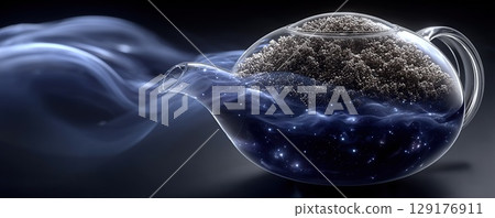 A surreal coffee-themed teapot with a cosmic interior, perfect for International Coffee Day. 129176911