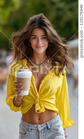A smiling woman enjoys a coffee on international coffee day 129176946