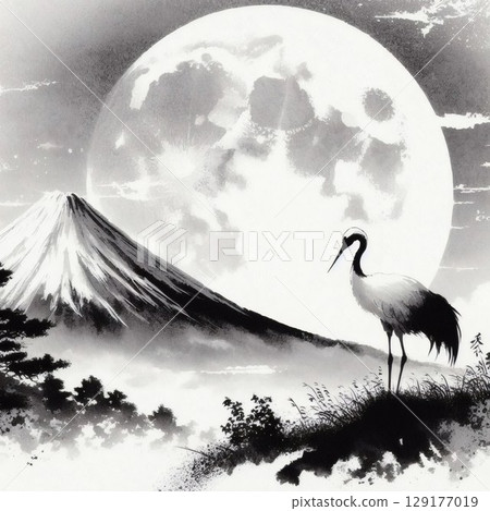 Mount Fuji and the Red-crowned Crane in the Moonlight: Japanese-style Ink Painting 129177019