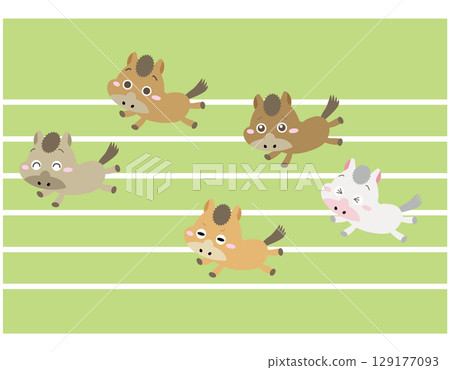 Running horse characters racing | Cute illustrations expressing the zodiac, exercise, competition, and effort 129177093