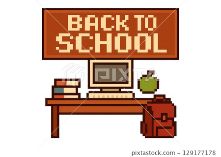 Back to school concept with computer and supplies, pixel art style, isolated Back to school concept with computer and supplies, pixel art style, isolated 129177178