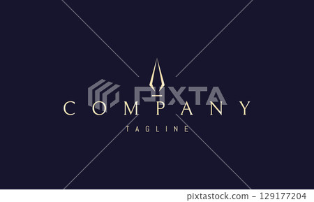 A golden vector logo featuring an abstract image an ink quill shaped like a spearhead, merging the ideas of writing. 129177204