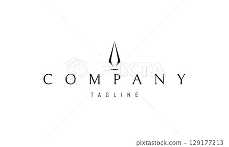 A vector logo featuring an abstract image an ink quill shaped like a spearhead, merging the ideas of writing and strength in a minimal silhouette. 129177213