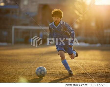 足球俱樂部成員在俱樂部場地運球 129177250