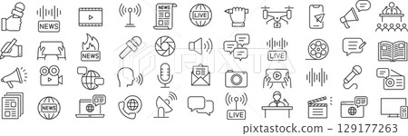 Vector monochrome line icon set about mass media Vector monochrome line icon set about mass media 129177263