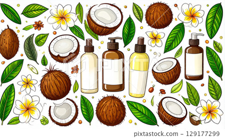 design and template for labels and bottles for cosmetics with coconuts and coconut oil 129177299