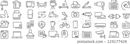 Vector monochrome line icon set about home appliances 129177426