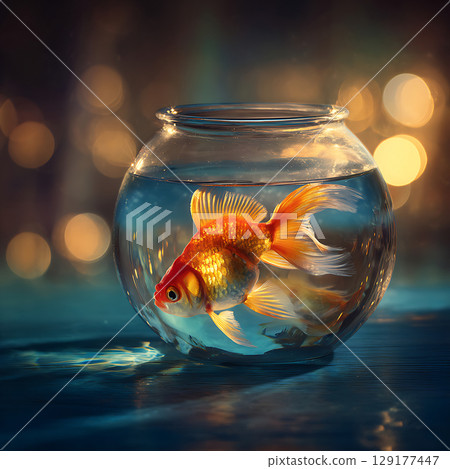 An elegant goldfish in a glass bowl surrounded by fantastic light 129177447