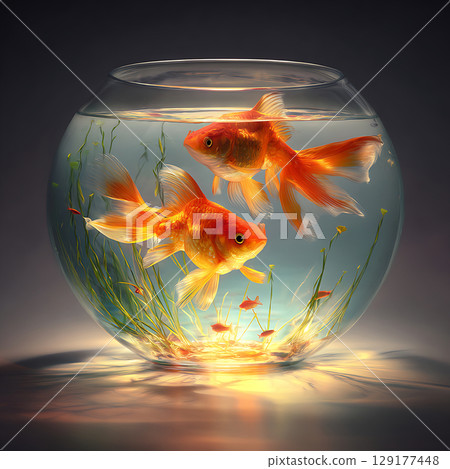 玻璃碗中優雅的金魚被奇妙的燈光包圍 129177448