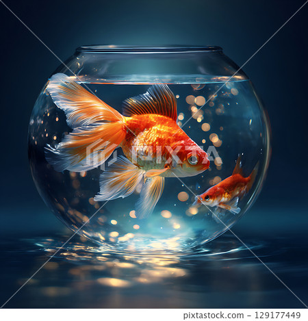 An elegant goldfish in a glass bowl surrounded by fantastic light 129177449