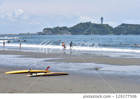 Two surfboards placed on Tsujido Beach Two surfboards placed on Tsujido Beach 129177506