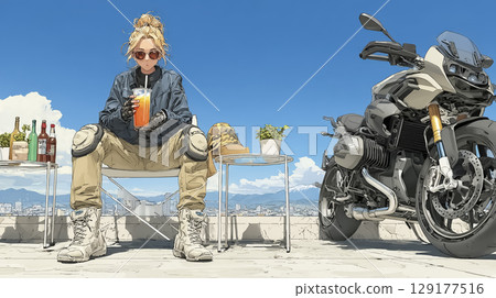 Riders Cafe - 一位女騎士在休息時看著她的自行車的插圖 129177516