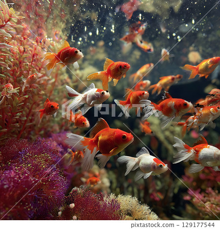 Colorful goldfish swimming with vibrant aquatic plants 129177544