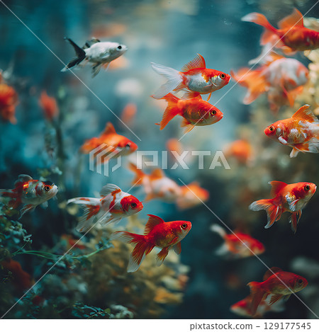 色彩繽紛的金魚與鮮豔的水生植物一起遊動 129177545