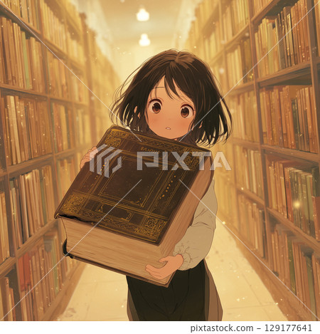 A girl holding a big book in the library | An anime-style illustration that conveys intellectual curiosity and a story 129177641