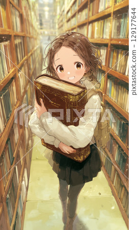 A girl holding a big book in the library | An anime-style illustration that conveys intellectual curiosity and a story 129177644